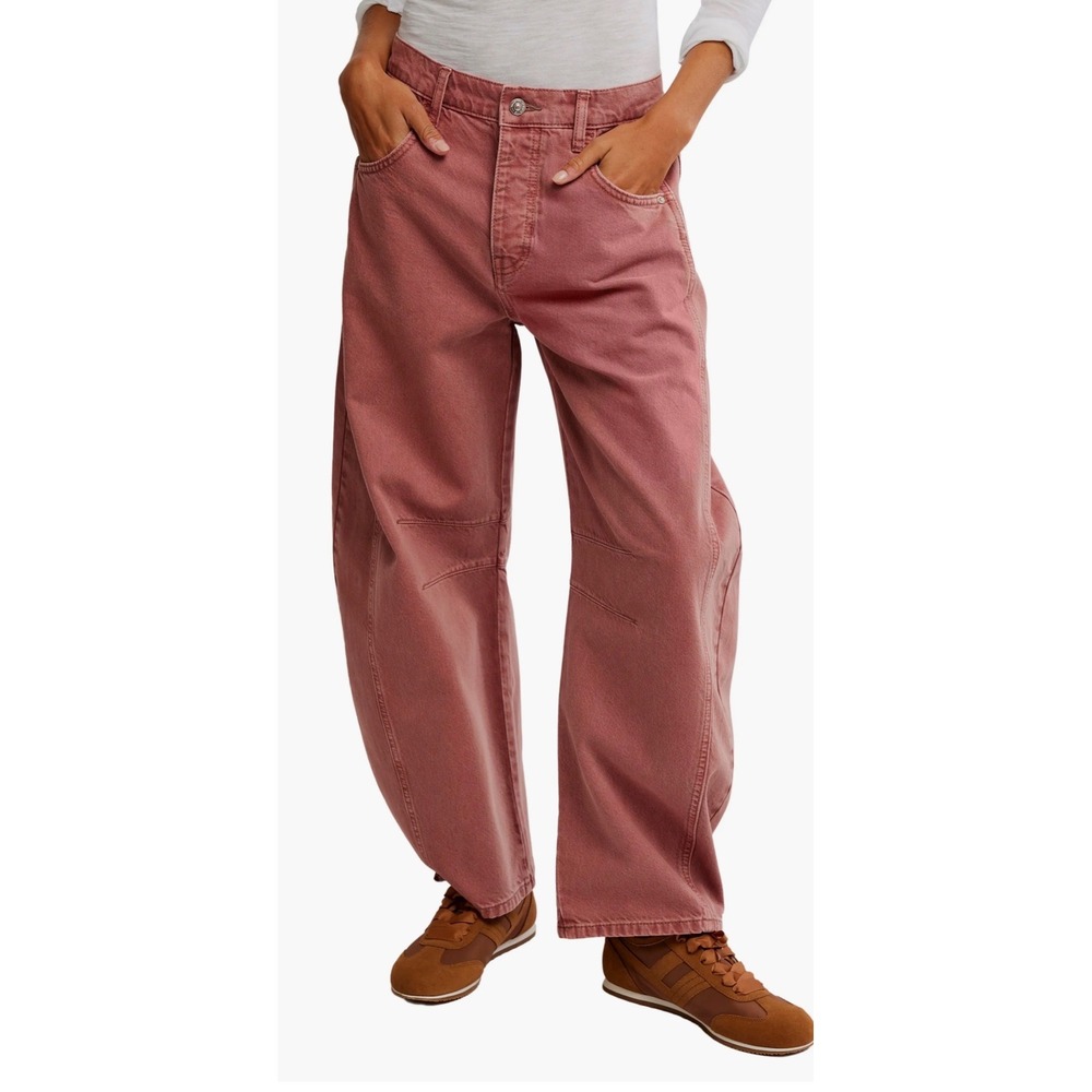 280.NWT Free People We The Free Good Luck Mid Rise Barrel Jeans Rose Pink  $198 - Picture 7 of 10